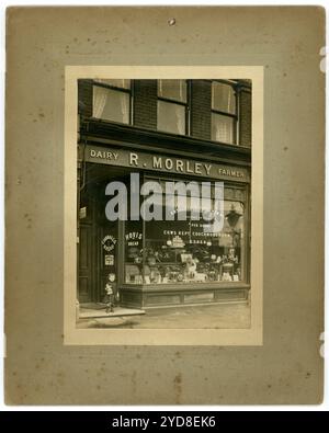 Bambina dell'era della prima Guerra Mondiale in piedi fuori in un negozio. R Morley, Dairy Farmer e' il segno del negozio. I locali del negozio di prodotti caseari erano su Richmond Road, Kingston, Surrey. Il cartello della finestra dello spettacolo dice mucche mantenevano la fattoria Couchmore, Esher. Vende tè Lipton, pane Chibnalls e Hovis, burro. Circa 1913, Regno Unito Foto Stock