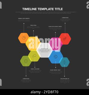 Modello infografico multiuso con esagoni semplici con nove elementi e elemento centrale. Infochart con icone, blocchi colorati e descrizioni sul retro scuro Illustrazione Vettoriale