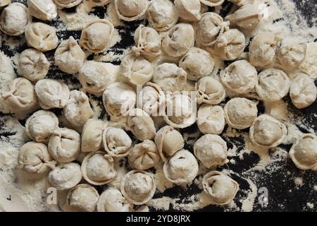 Gnocchi crudi, vista dall'alto, disposizione piatta. Cuocere gnocchi. Ravioli o ravioli di carne su sfondo scuro. Piatto tradizionale slavo. Background alimentare. Gnocchi Foto Stock