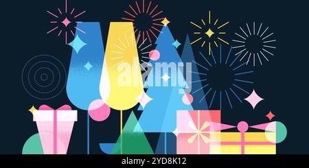 Albero di Natale, regali e champagne, illustrazione piatta geometrica vettoriale. Striscione per la festa di Capodanno, poster con cocktail e fuochi d'artificio. Holid Illustrazione Vettoriale