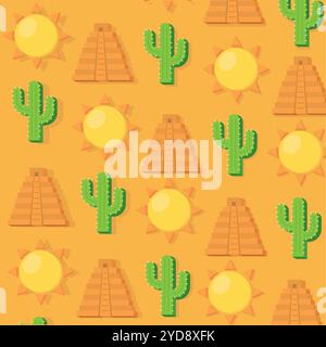 Cactus, piramide e motivo solare a tema messicano, Vector Illustrazione Vettoriale