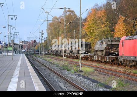 Trasporto di niederländischen Kriegsgerät. Leer wird zum Drehkreuz für niederländische Militärtransporte. Zahlreiche Militärfahrzeuge warten auf einem Zug in Bahnhof von Leer Ostfriesland auf die weiterfahrt. Leer Niedersachsen Deutschland *** trasporto di attrezzature da guerra olandesi Leer diventa un hub per i trasporti militari olandesi numerosi veicoli militari attendono su un treno alla stazione di Leer Ostfriesland per il viaggio successivo Leer bassa Sassonia Germania Copyright: Xdiebildwerftx Foto Stock