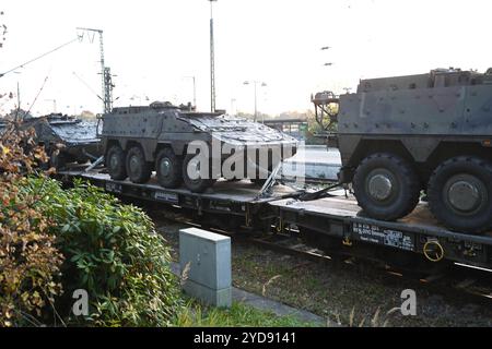 Trasporto di niederländischen Kriegsgerät. Leer wird zum Drehkreuz für niederländische Militärtransporte. Zahlreiche Militärfahrzeuge warten auf einem Zug in Bahnhof von Leer Ostfriesland auf die weiterfahrt. Leer Niedersachsen Deutschland *** trasporto di attrezzature da guerra olandesi Leer diventa un hub per i trasporti militari olandesi numerosi veicoli militari attendono su un treno alla stazione di Leer Ostfriesland per il viaggio successivo Leer bassa Sassonia Germania Copyright: Xdiebildwerftx Foto Stock