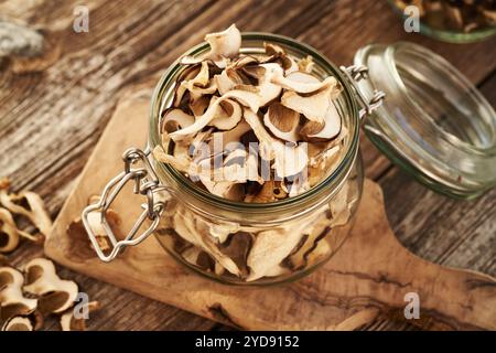 Bolete re selvatico essiccato o funghi porcini in vasetti di vetro su un tavolo di legno Foto Stock
