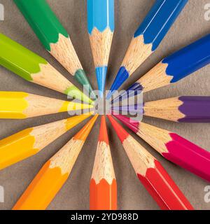 Una fila di matite colorate disposte in cerchio con le punte rivolte verso l'interno. Foto Stock