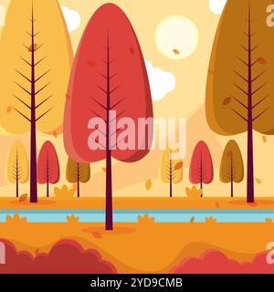 Alberi autunnali vicino a un fiume in un paesaggio sereno, Vector Illustrazione Vettoriale