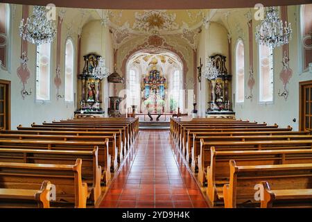 Die Pfarrkirche St. Genesius steht a Riedböhringen, einem Ortsteil der Stadt Blumberg im Schwarzwald-Baar-Kreis nel Baden-Württemberg. In der Kirche B. Foto Stock