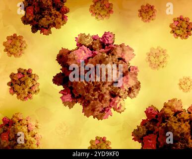 Layout creativo con rendering 3D derivati dalla microscopia del capside del virus dell'epatite E. Epatite e 016867 209 Foto Stock