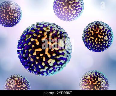 Layout con immagini di stampa 3D colorate del virus dell'epatite B. Nota: Non in scala. Virus dell'epatite B 016867 205 Foto Stock