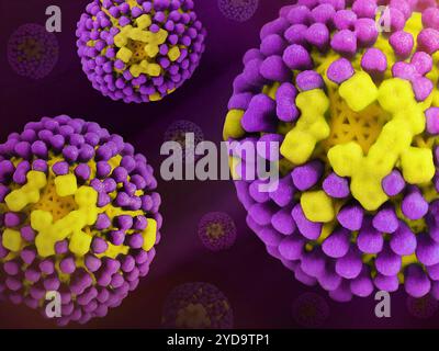 Grafica creativa con stampe 3D colorate della glicoproteina di superficie del virus dell'influenza l'emagglutinina è viola e la neuraminidasi è gialla la membrana virale è un giallo più scuro. Virus influenzale 016867 334 Foto Stock
