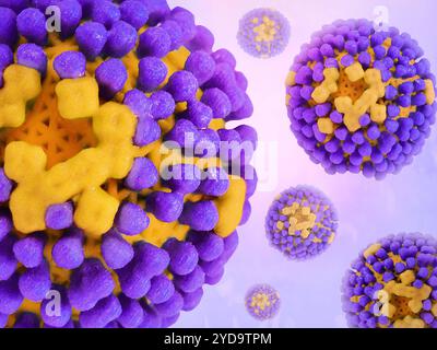 Grafica creativa con stampe 3D del virus dell'influenza, colorato in colori appropriati Halloween glicoproteina di superficie l'emagglutinina è viola e neuraminidasi è arancione chiaro la membrana virale è arancione scuro. Virus influenzale 016867 332 Foto Stock