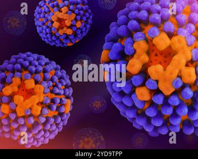 Grafica creativa con stampe 3D colorate della glicoproteina di superficie del virus dell'influenza l'emoagglutinina è blu e la neuraminidasi è arancione la membrana virale è un arancio più scuro. Virus influenzale 016867 333 Foto Stock