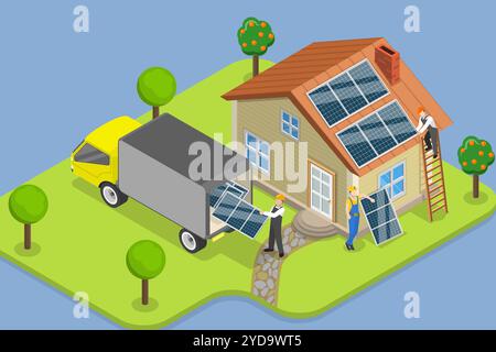 Illustrazione concettuale piatta isometrica 3D dell'installazione di pannelli solari fotovoltaici a energia alternativa, energia verde sostenibile Foto Stock