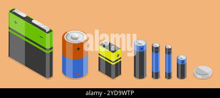 Illustrazione concettuale piatta isometrica 3D del set di batterie, batterie alcaline di dimensioni superiori illustrazione concettuale piatta isometrica 3D. Foto Stock