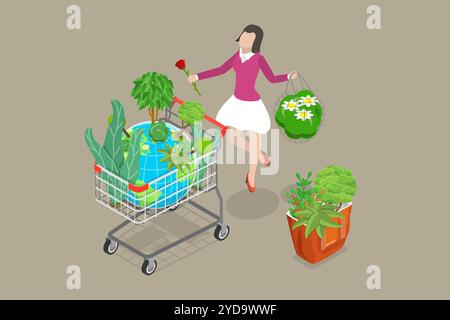 Illustrazione concettuale piatta isometrica 3D di Eco-friendly Consumer, Ereen Product Choices 3D Isometric Flat Conceptual Illustr Foto Stock