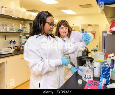 Gli scienziati del Sud Africa imparano gli aspetti chiave del processo di produzione del vaccino mRNA durante una visita di due settimane al VRC, parte di una collaborazione in corso per condividere conoscenze, competenze e dati per accelerare la produzione di vaccini mRNA a livello globale. 2023 : NIAID S VRC, S. Africa S Afrigen Kick Off Vaccine-Sharing Entries Training volto a rendere la tecnologia mRNA disponibile a livello globale. Formazione sulla produzione di vaccini mRNA presso il NIAID Vaccine Research Center 016867 486 Foto Stock