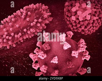 Lavoro creativo con rendering 3D di tre pericolosi virus respiratori: RSV in alto a sinistra, SARS-CoV-2 in basso al centro e influenza in alto a destra. Tripla minaccia: RSV, SARS-CoV-2 e influenza 016867 489 Foto Stock