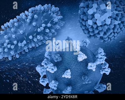 Lavoro creativo con rendering 3D di tre pericolosi virus respiratori: RSV in alto a sinistra, SARS-CoV-2 in basso al centro e influenza in alto a destra. Tripla minaccia: RSV, SARS-CoV-2 e influenza 016867 490 Foto Stock
