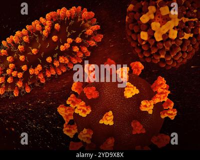 Lavoro creativo con rendering 3D di tre pericolosi virus respiratori: RSV in alto a sinistra, SARS-CoV-2 in basso al centro e influenza in alto a destra. Tripla minaccia: RSV, SARS-CoV-2 e influenza 016867 491 Foto Stock