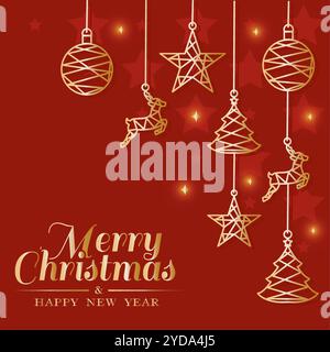 Buon biglietto di auguri natalizi con decorazioni appese, Vector Illustrazione Vettoriale
