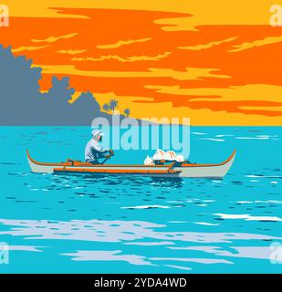 Filipino Fisherman Paddling Outrigger a Subic Bay Zambales Filippine WPA poster Art Foto Stock