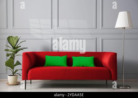Comodo divano rosso, pianta e lampada vicino alla parete grigia in camera Foto Stock