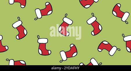 Calze natalizie motivo senza cuciture su illustrazione vettoriale verde in stile doodle Illustrazione Vettoriale