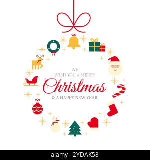 Buon Natale e felice auguri di Capodanno o banner Web. Sfondo vettoriale con ghirlanda o pallone natalizio composto da icone natalizie e messaggi natalizi Illustrazione Vettoriale