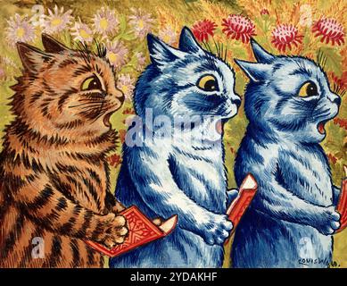 Tre gatti animati che cantano gioiosamente insieme in una vivace opera d'arte gouache di Louis Wain, creata tra il 1925 e il 1939 Foto Stock