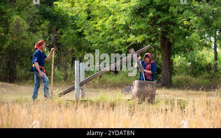 Più del 70% degli agricoltori thailandesi vive in zone rurali. Martellare il riso con un mortaio di legno, Foto Stock