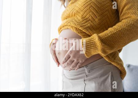 Donna incinta tiene le mani sulla pancia toccando il suo bambino curando la sua salute bella felice incinta womanÂ tenero umore foto Foto Stock