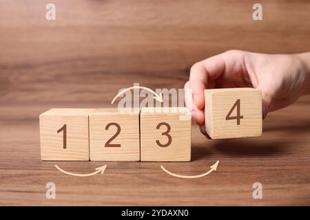 Uomo che mette il cubo con la cifra 4 a fila di altri numeri su un tavolo di legno, primo piano. Concetto passo-passo Foto Stock