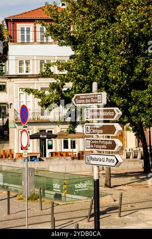 Cartello stradale che indica la posizione delle attrazioni, Porto, Portogallo. Foto Stock