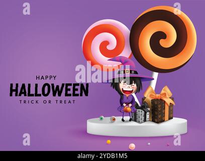 Design vettoriale del podio di Halloween. Buon halloween: Testo di benvenuto con simpatico personaggio di una strega, regali e caramelle elementi decorativi lecca-lecca in viola Illustrazione Vettoriale