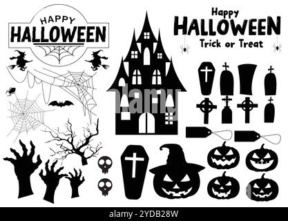 Set vettoriale silhouette Halloween. Buon testo di halloween e saluto di scherzo o scherzetto con elementi decorativi horror in ombra nera. Vettore Illustrazione Vettoriale