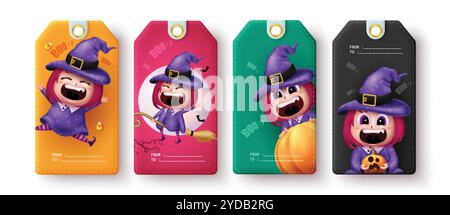 Design del poster vettoriale dei tag di Halloween. Collezione di adesivi regalo di Halloween con una graziosa decorazione di personaggi di una strega. Regalo per feste con illustrazione vettoriale Illustrazione Vettoriale