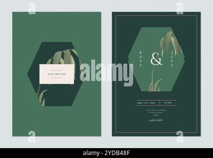Design del modello di tessera d'invito per matrimoni vintage, palma di bambù al coperto in tema verde e rosa Illustrazione Vettoriale