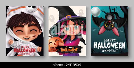 I personaggi di Halloween tag set vettoriale design del poster. Biglietto di auguri di buon halloween con personaggi horror come mummia, strega e pipistrello Illustrazione Vettoriale