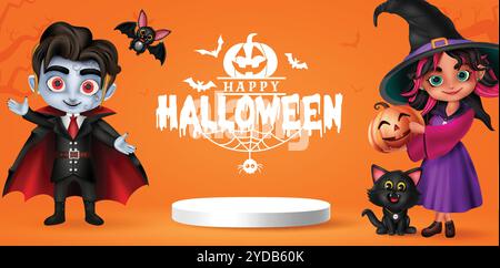 Buon design del banner vettoriale di testo di halloween. Biglietto d'auguri di Halloween come vampiri, streghe e gatti con palco sul podio per lo shopping natalizio Illustrazione Vettoriale