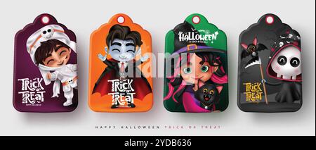 Design di set vettoriale per i personaggi delle etichette regalo di Halloween. Trucca o delizia il testo in un hangtag regalo con i personaggi della mummia, del vampiro, della strega e del mietitore di halloween Illustrazione Vettoriale