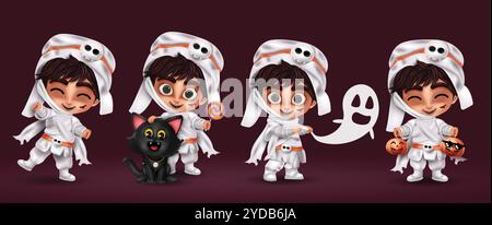 Design vettoriale dei personaggi delle mummie di Halloween. Costume da mummia di Halloween in una collezione di personaggi sorridenti, simpatici e amichevoli in posa da ragazzo. Vettore Illustrazione Vettoriale