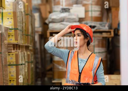 Ritratto di una donna asiatica ingegnere con la personalità di lavorare nel magazzino Foto Stock