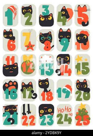 Carino calendario dell'Avvento con simpatici gatti ed elementi natalizi Illustrazione Vettoriale