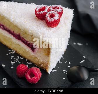 Torta invernale con lamponi decorati con panna bianca Foto Stock