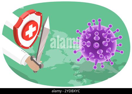 Concetto isometrico 3D di epidemia di coronavirus, sensibilizzazione e allarme contro il virus 2019-nCoV, Stop pandemia di malattia SARS-CoV-2. 3D. Foto Stock
