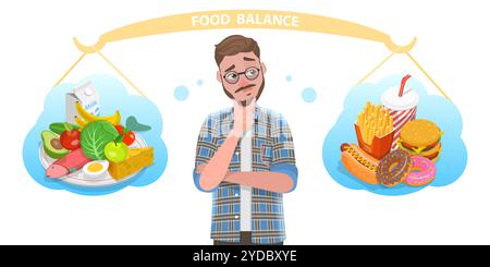 3D Isometric Flat Conceptual Illustration of Food Balance, l'uomo sta scegliendo tra cibo sano e malsano. FLA isometrico 3D. Foto Stock