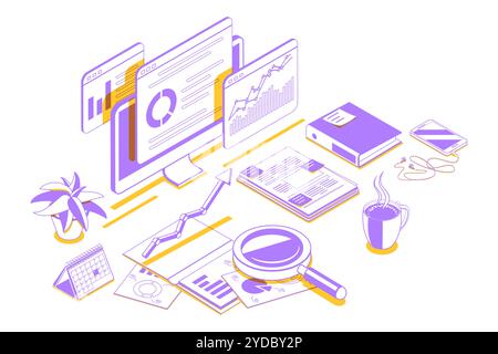 Report di controllo e analisi dei dati, analisi delle prestazioni aziendali. Illustrazione concettuale piatta isometrica 3D. Report e dati di verifica Foto Stock