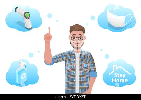 Illustrazione concettuale isometrica 3D su come proteggere te stesso e gli altri contro il coronavirus, indossare maschera medica, lavare le mani, Foto Stock