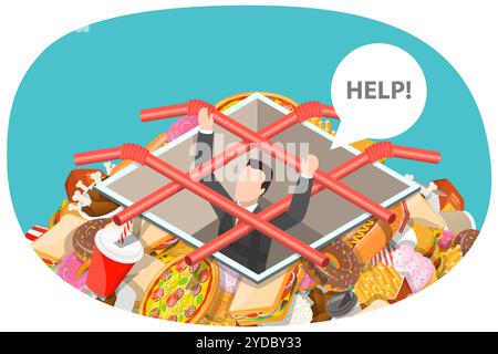 Fast food Trap, nutrizione malsana rischi alimentari ed effetti nocivi. Illustrazione concettuale piatta isometrica 3D. Trappola per fast food Foto Stock