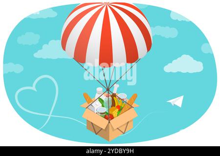 Illustrazione concettuale piatta isometrica 3D di volontariato e carità, sostegno alle persone povere, donazione di cibo. Piatto isometrico 3D C Foto Stock